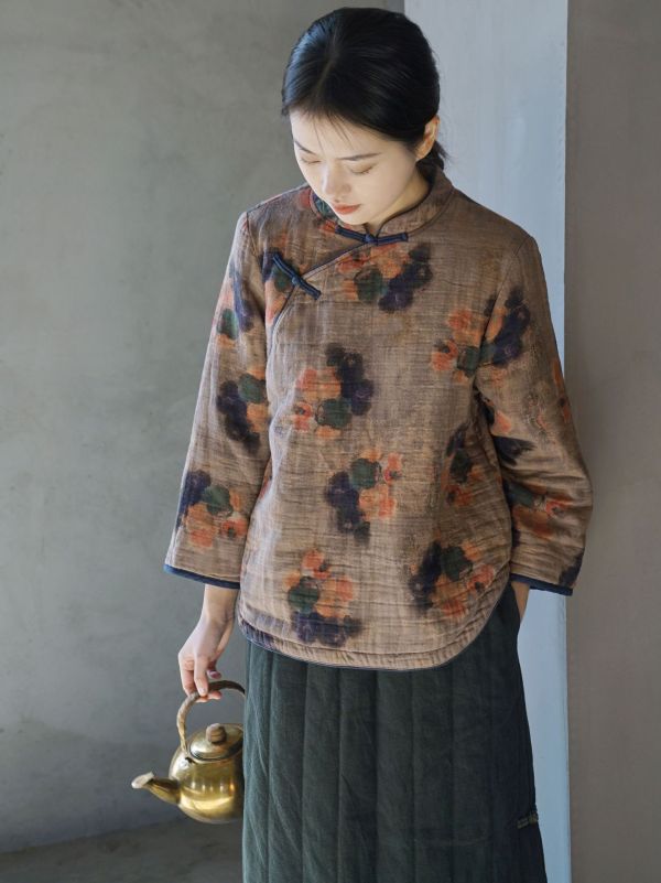 燕燕~數位印花斜襟小棉衣 復古立領加厚茶服棉襖上衣。   ab2328301 