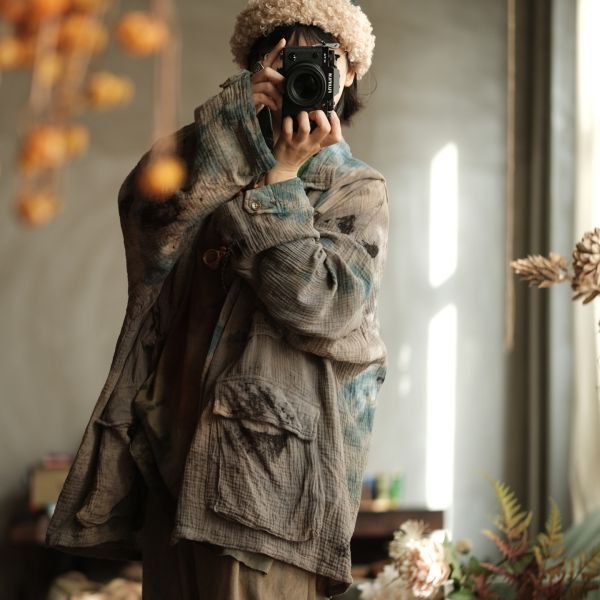 燕燕~植物染 復古翻領中式口袋棉麻外套 ab236301 