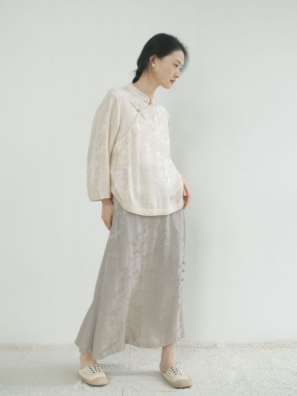 燕燕~人絲提花   珠扣襯衫 禪意中國浪漫斜衫茶服上衣。ab2409901 