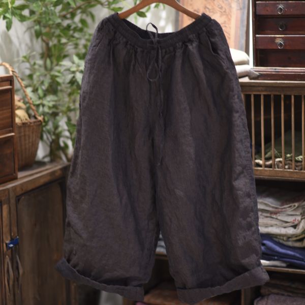 燕燕~色織亞麻雙層夾棉休閒長褲 