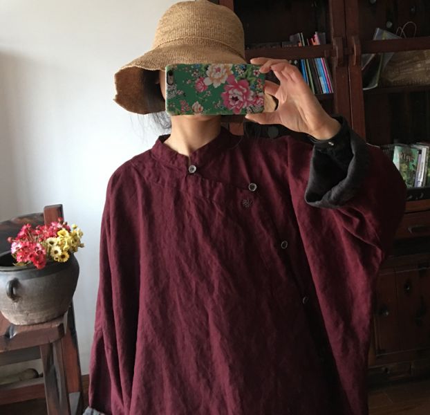 燕燕～純亞麻  水洗撞色手繡寬鬆大袍 洋裝 連身裙 