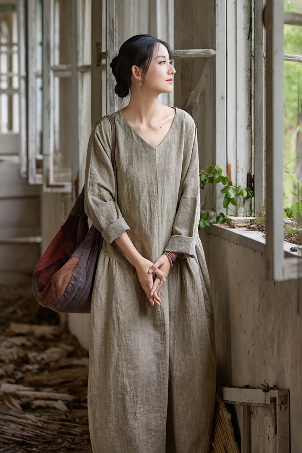 燕燕~秋冬新款 苧麻棉紮染洋裝連身裙 