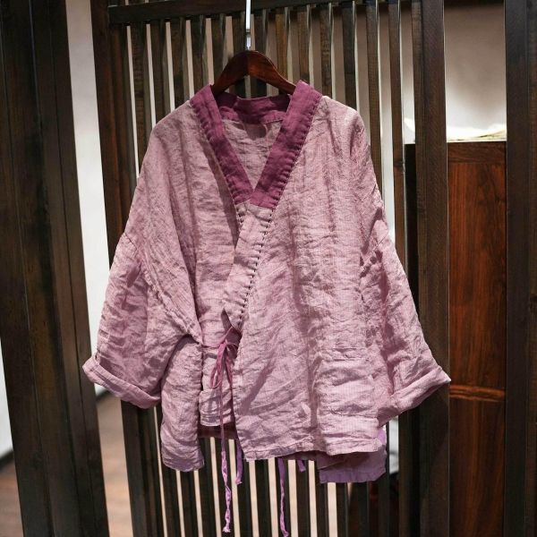 燕燕~寬鬆版型 高品質色織條紋亞麻 傳統中式交領上衣 外套 