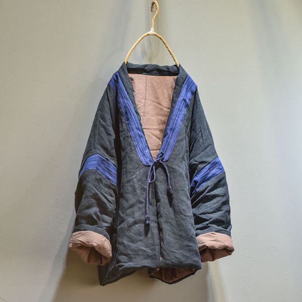 燕燕~秋冬款 亞麻短棉衣 復古老布料拼接繫帶開襟衫棉服外套 0 