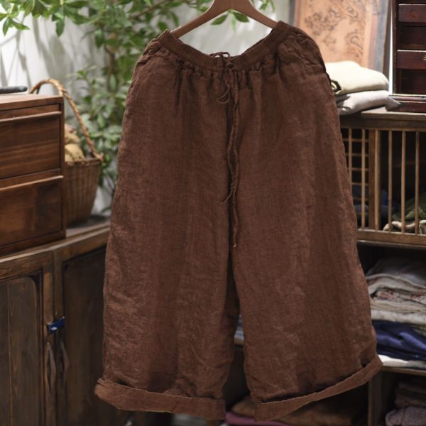 燕燕~色織亞麻雙層夾棉休閒長褲 