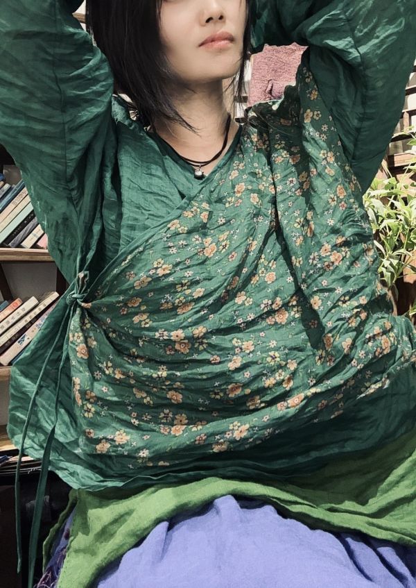 燕燕棉麻～苧麻 文藝復古印花斜襟繫帶小衫 上衣 可當外套 