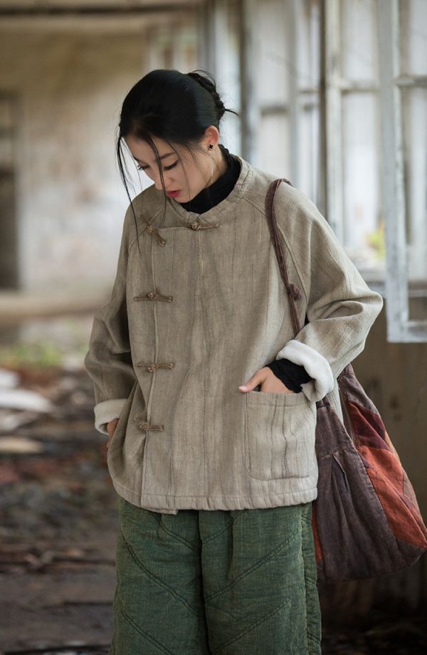 燕燕~秋冬新款   苧麻紮染加厚保暖外套 復古文藝個性盤扣女款T恤 上衣 