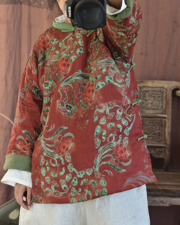燕燕~秋冬款。苧麻。印花開衫盤扣棉服夾棉棉衣上衣 外套 