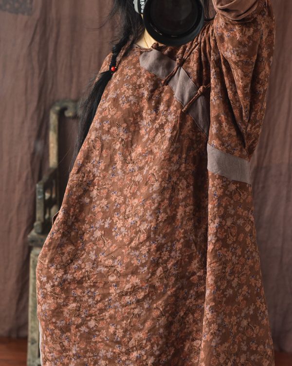 燕燕~秋季  砂洗做舊斜襟盤扣亞麻時髦花色 寬鬆洋裝 連身裙 