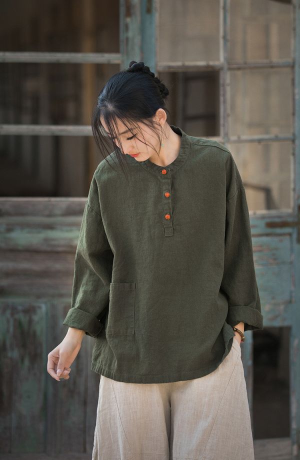 燕燕~莧麻棉~夏女裝新款  撞色盤扣上衣 長袖棉麻衫 