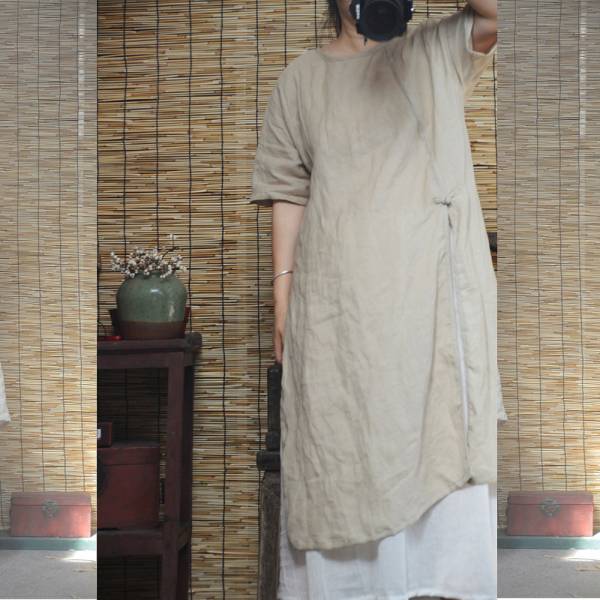 燕燕~夏款 苧麻材質 復古盤扣旗袍圓領洋裝 連身裙 