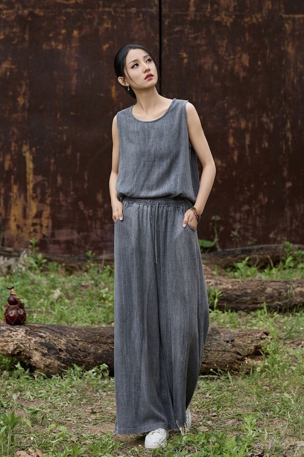 燕燕~夏季新品  亞麻紮染背心 飄逸寬鬆顯瘦文藝範女式無袖背心 