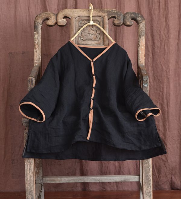 燕燕~亞麻。七分袖撞色邊V領開衫文藝上衣 襯衫 長袖棉麻衫 