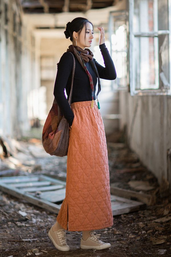 燕燕~冬季新款 苧麻夾棉加厚絎縫菱格長裙 