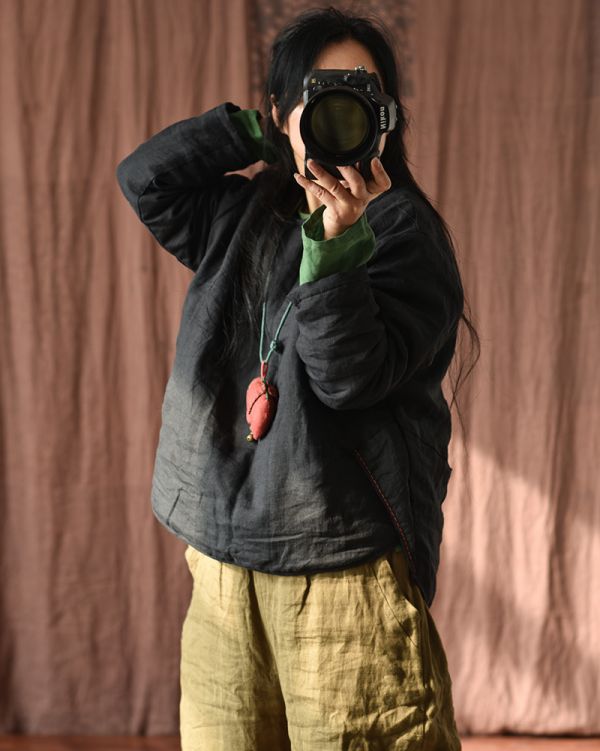 燕燕~棉麻商品~苧麻 寬鬆夾棉短款上衣 文棉服 寬鬆手工縫線棉衣上衣 