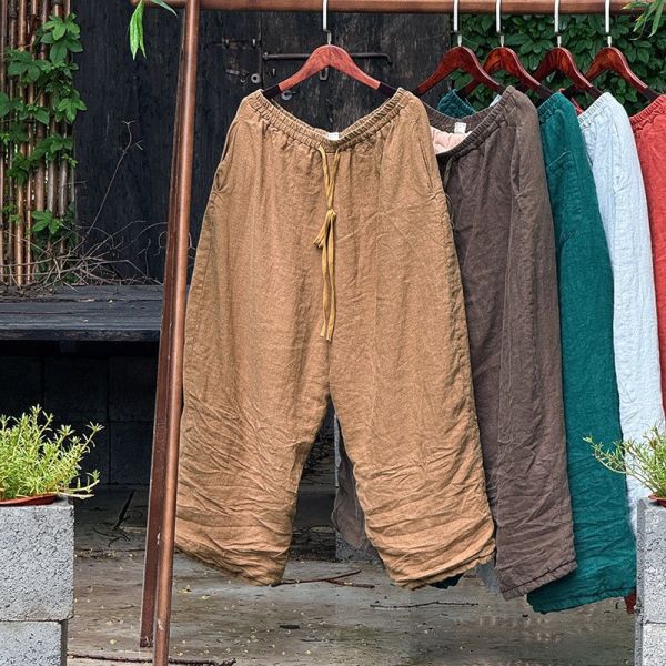 燕燕~砂洗亞麻水洗直筒闊腿棉褲 休閒繫帶長褲 