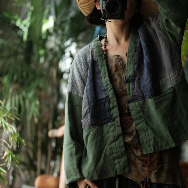 燕燕~秋冬新款 亞麻 做舊雪花洗拼布寬鬆短棉衣上衣。外套。ab178801 