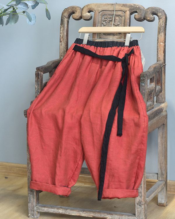 燕燕~春秋新款 色織亞麻寬鬆蘿蔔褲 休閒旅行燈籠褲禪意闊腿褲 