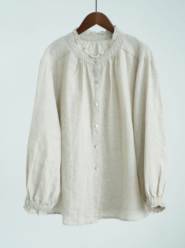 燕燕~秋冬款 天然亞麻法式小高領襯衫田園生活復古溫柔兩穿上衣 ab2533001 