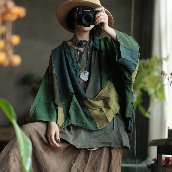 燕燕~春季新款~輕訂製毛邊斜襟盤扣寬鬆拼接麻衫 上衣。ab208501 