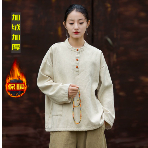 燕燕~莧麻棉~(秋冬加絨款）  撞色盤扣上衣 長袖棉麻衫 