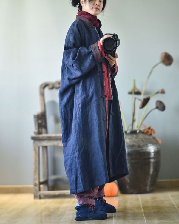 燕燕~春秋款 亞麻.  水洗做舊復古手工盤扣長袍 風衣外套 