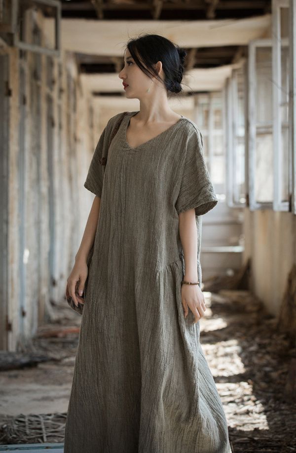 燕燕~亞麻~夏季棉薄款   紮染文藝長裙 洋裝 連身裙 