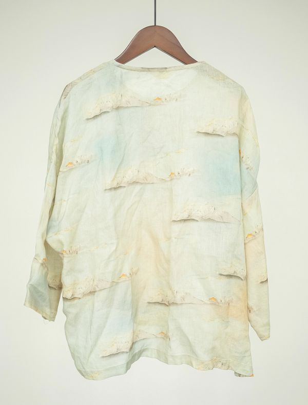 燕燕～亞麻 印花文藝偏襟盤扣上衣 襯衫  長袖棉麻衫   ab2305701 