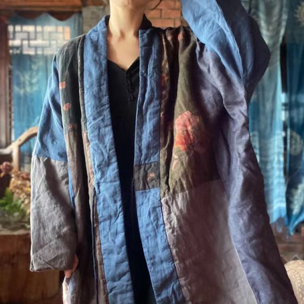 燕燕~秋冬新款 純亞麻   寬鬆繫帶拼布棉衣外套棉袍 長外套 大衣。 ab193001 