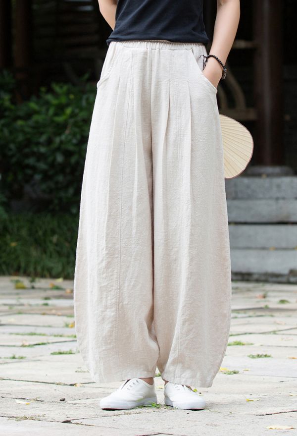 燕燕~棉麻商品~棉麻新款   苧麻棉   砂洗國風禪意復古顯瘦女式休閒褲燈籠褲 長褲 民俗風寬褲 