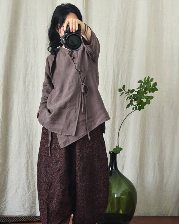 燕燕棉麻～春秋款 亞麻 珠扣斜襟上衣開衫  繫帶立領襯衫 文藝茶服 長袖棉麻衫 