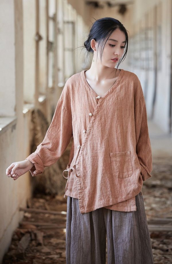 燕燕~亞麻~夏裝新款 手工紮染上衣 改良斜襟寬鬆顯瘦女式襯衫 外套 開襟衫 