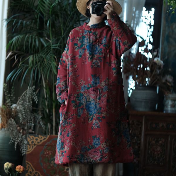 燕燕～文藝復古中式印花立領斜襟棉衣棉袍洋裝 連身裙  ab145901 