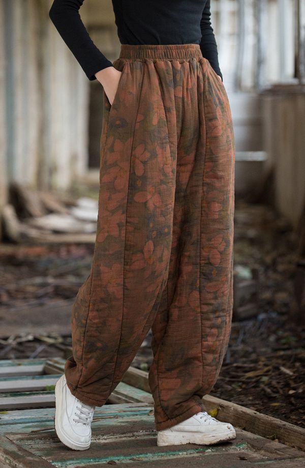 燕燕～秋冬新款 手染夾棉絎縫褲子12片拼接文藝燈籠褲女式棉褲 