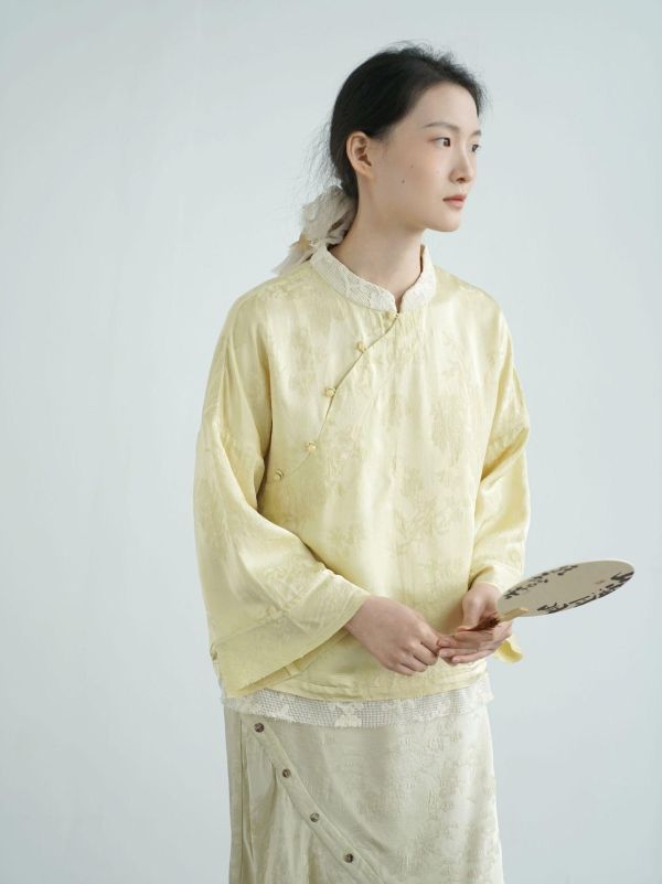 燕燕棉麻～全新夏款 人絲提花襯衫 光澤感珠扣茶服上衣 ab2505401 