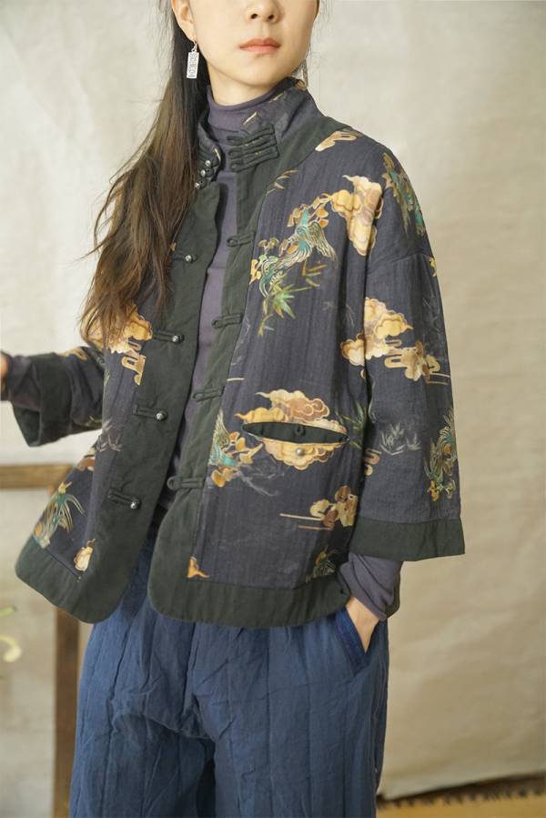 燕燕棉麻～數碼印花款 對襟加厚棉衣外套  ab2143501 