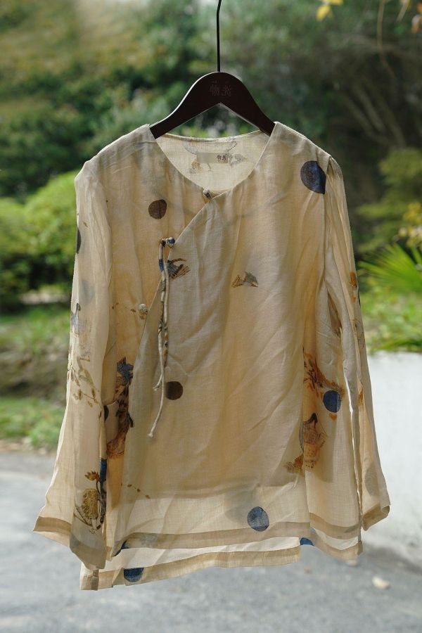 燕燕棉麻～夏款 設計中式斜襟數位印花莧麻上衣 茶服雙層防透禪意襯衫 ab2218201 