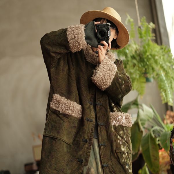 燕燕~秋季新款 訂製復古文藝羊捲毛絨絨對襟盤扣大棉袍外套 ab222501 