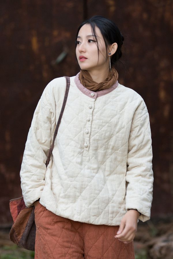 燕燕 冬季新款 苧麻夾棉菱格絎縫套頭棉襖 個性加厚保暖女裝棉衣上衣 