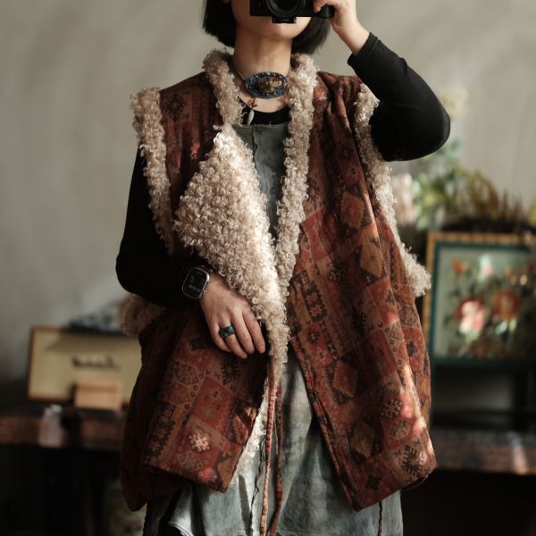 燕燕~復古羊捲毛翻領繫帶夾棉背心 ab227201 