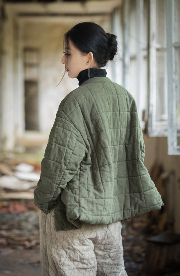 燕燕~冬季新款 莧麻夾棉絎縫方格棉襖棉服時尚文藝個性女式短棉衣外套 