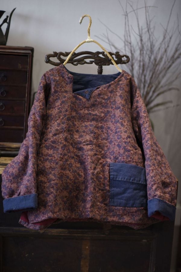 燕燕~棉麻商品~冬季款  亞麻 復古印花寬鬆圓領半開短款棉服上衣 