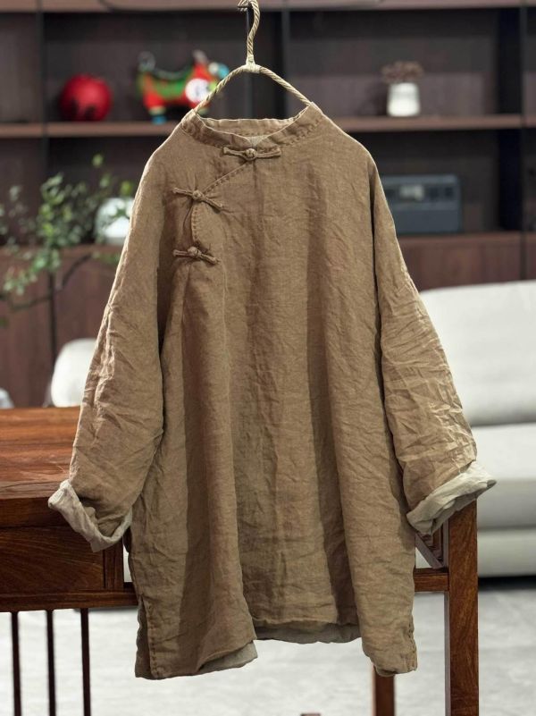 燕燕~夏季 復古盤扣亞麻女款立領 中長款寬鬆中式襯衫 