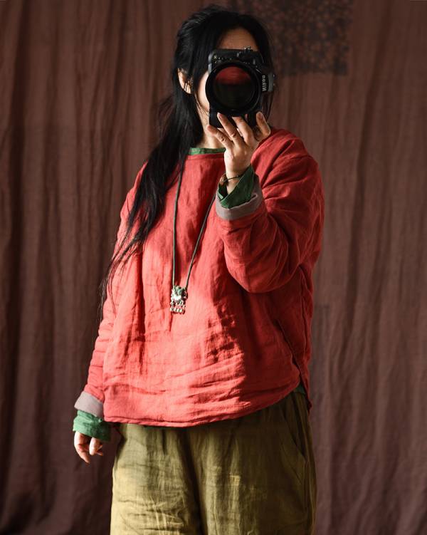 燕燕~棉麻商品~苧麻 寬鬆夾棉短款上衣 文棉服 寬鬆手工縫線棉衣上衣 