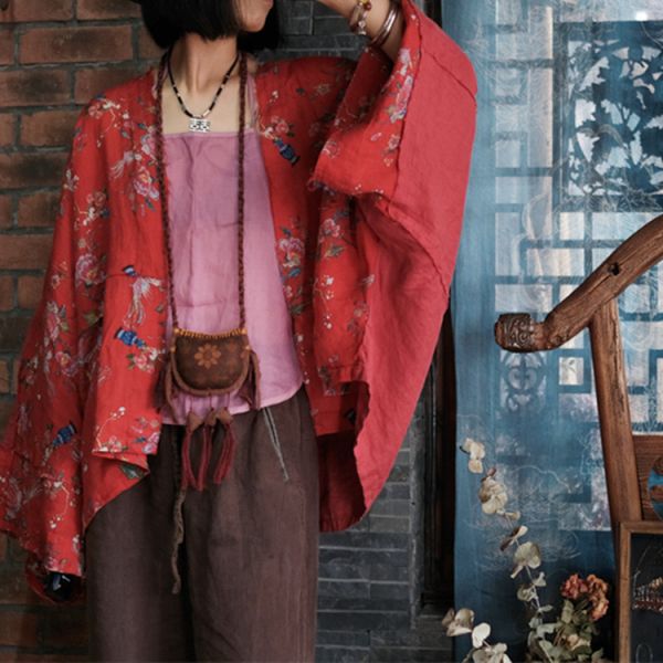 燕燕~棉麻新品~純麻 做舊雪花洗復古 毛邊設計  寬鬆拼色外披上衣 外套。ab195401 