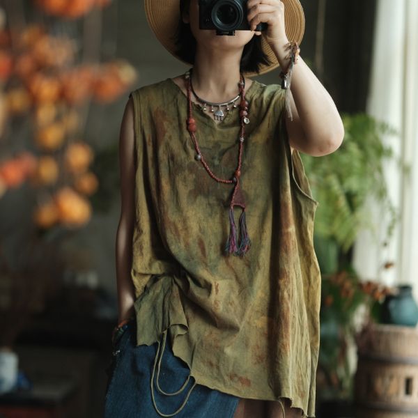 燕燕~夏季款式 復古手工植物染棉料V領背心 