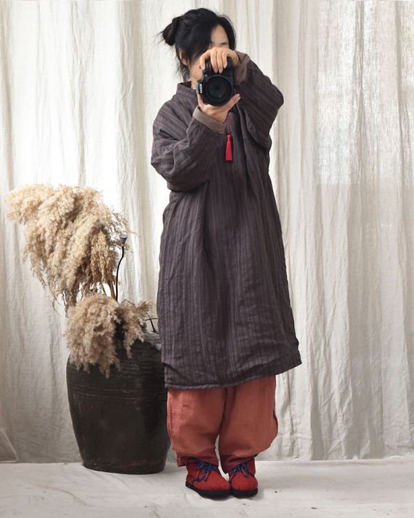 燕燕~秋款 條紋色織亞麻棉袍 復古斜襟盤扣寬鬆長棉衣手縫線棉服連身裙 洋裝 (此件商品不退換） 