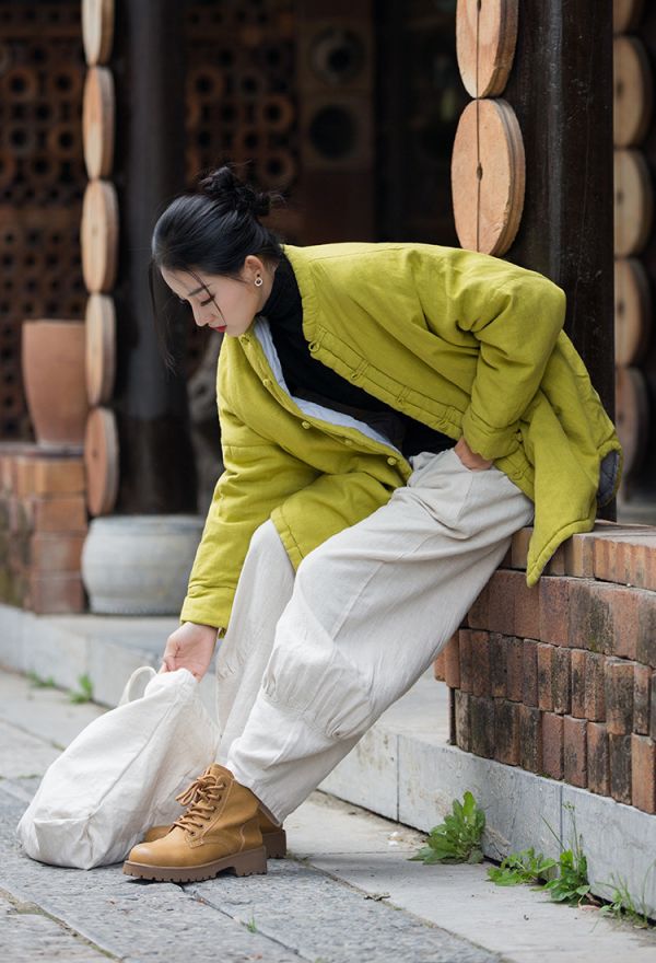 燕燕~棉麻商品~秋冬新款 苧麻棉   砂洗做舊禪系夾棉加厚女式盤扣棉服棉衣外套 