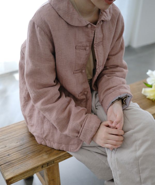 燕燕~亞麻 輕中式復古色織條紋加厚短棉衣 夾棉外套    ab2234001 