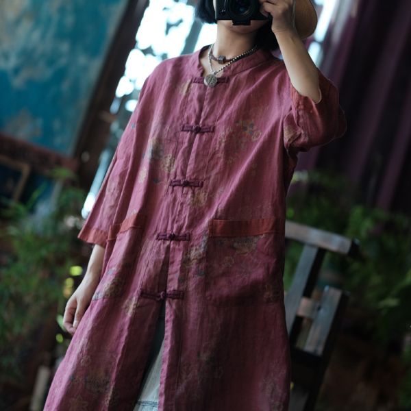燕燕~春夏款 純苧麻。復古文藝印花寬鬆對襟長上衣襯衫  ab217601 